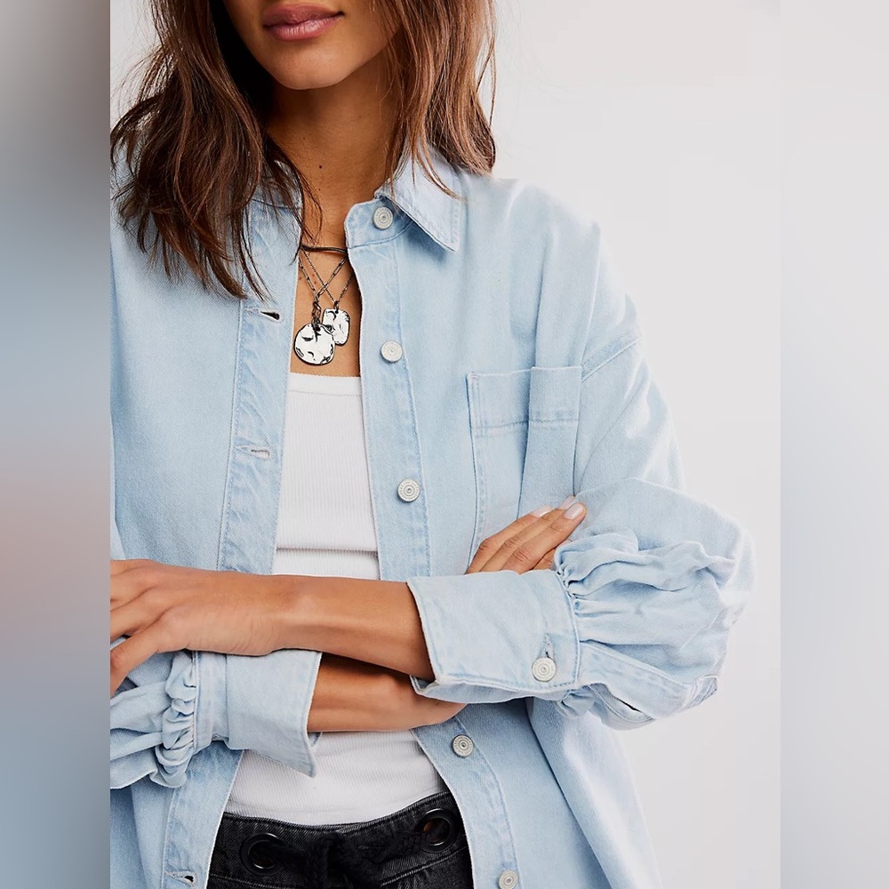 Free People Light Wash Blue Oversized Button-Down Shirt - Picture 4 of 15